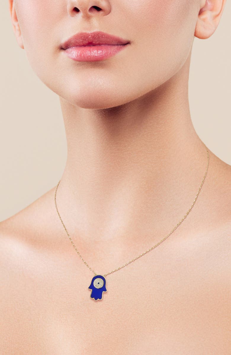 SPHERA MILANO 14K Gold Plated Cubic Zirconia Enamel Hamsa Pendant Necklace, Alternate, color, Gold