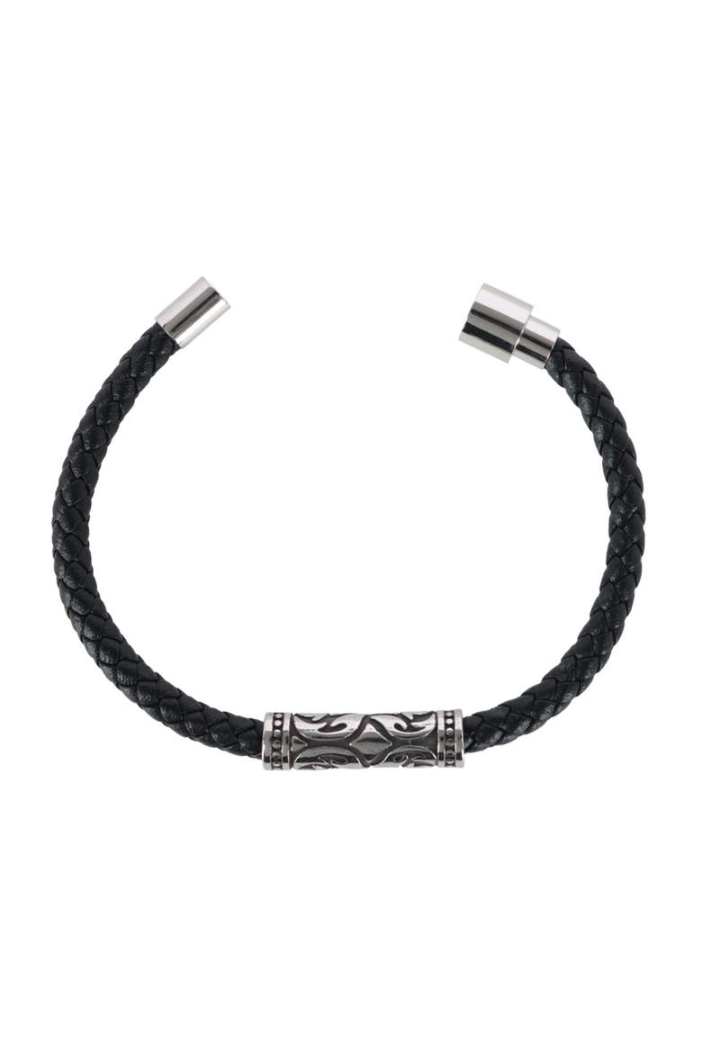 Silver Filigree Pattern on Black Leather Bracelet, Alternate, color, Black