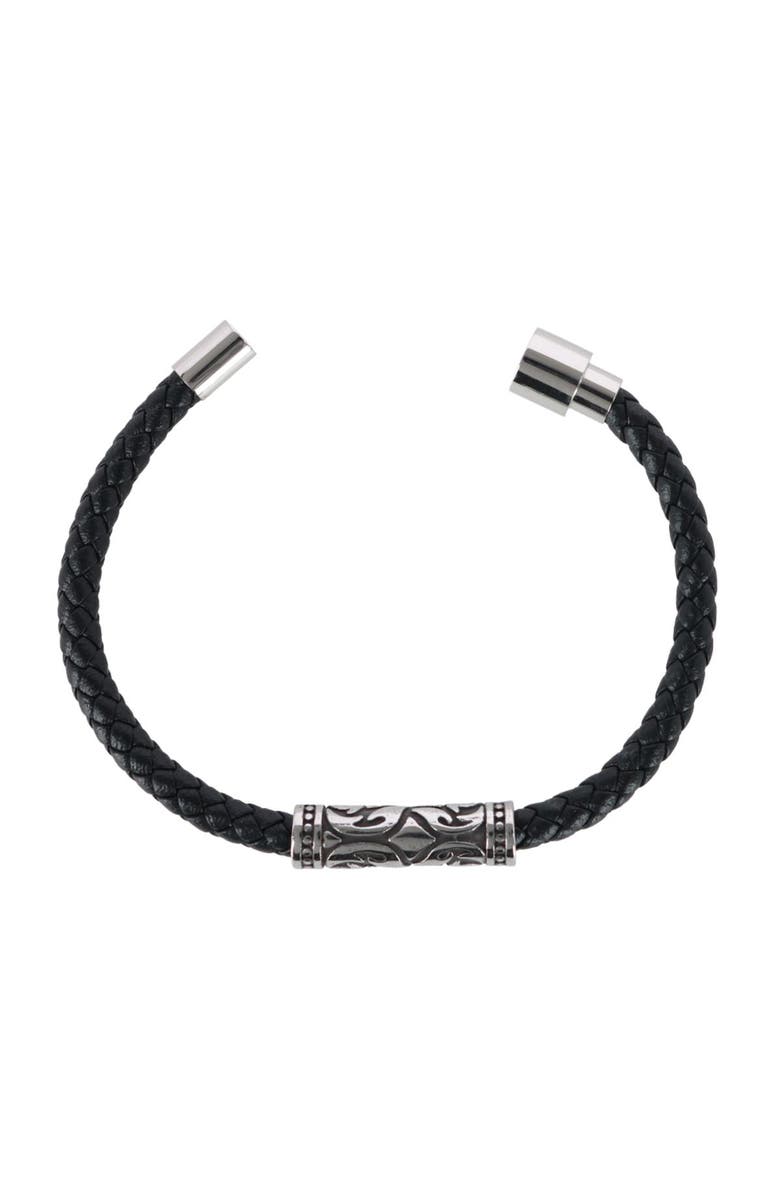 Trafalgar Silver Filigree Pattern on Black Leather Bracelet, Alternate, color, Black