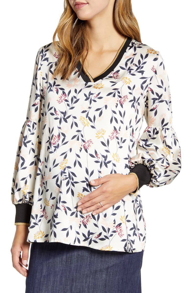Maternal America Bishop Sleeve Maternity Blouse, Main, color, Zen Garden