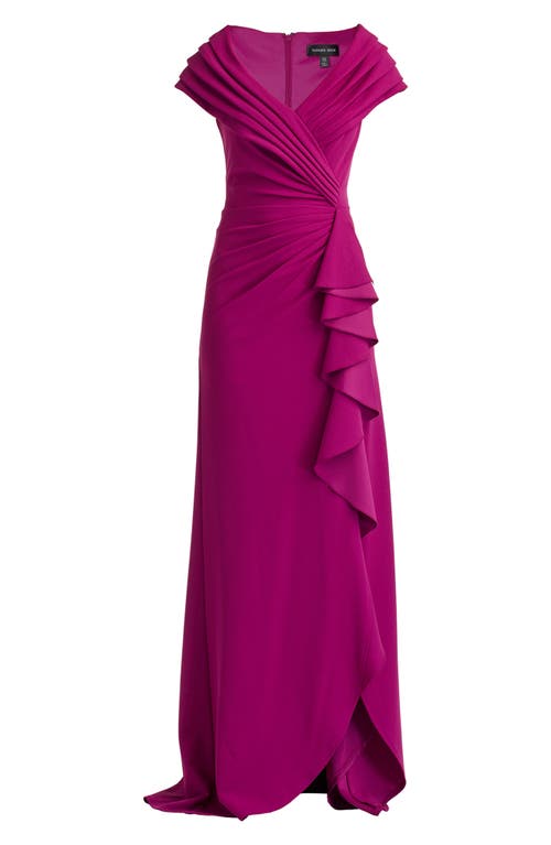 Tadashi Shoji Cascade Ruffle Portrait Neck Gown In Purple