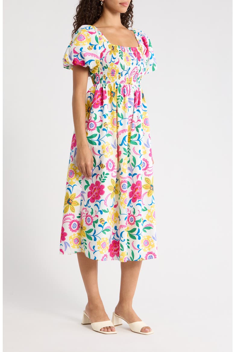 Kress Floral Maray Smocked Midi Dress, Alternate, color, WHITE MULTI