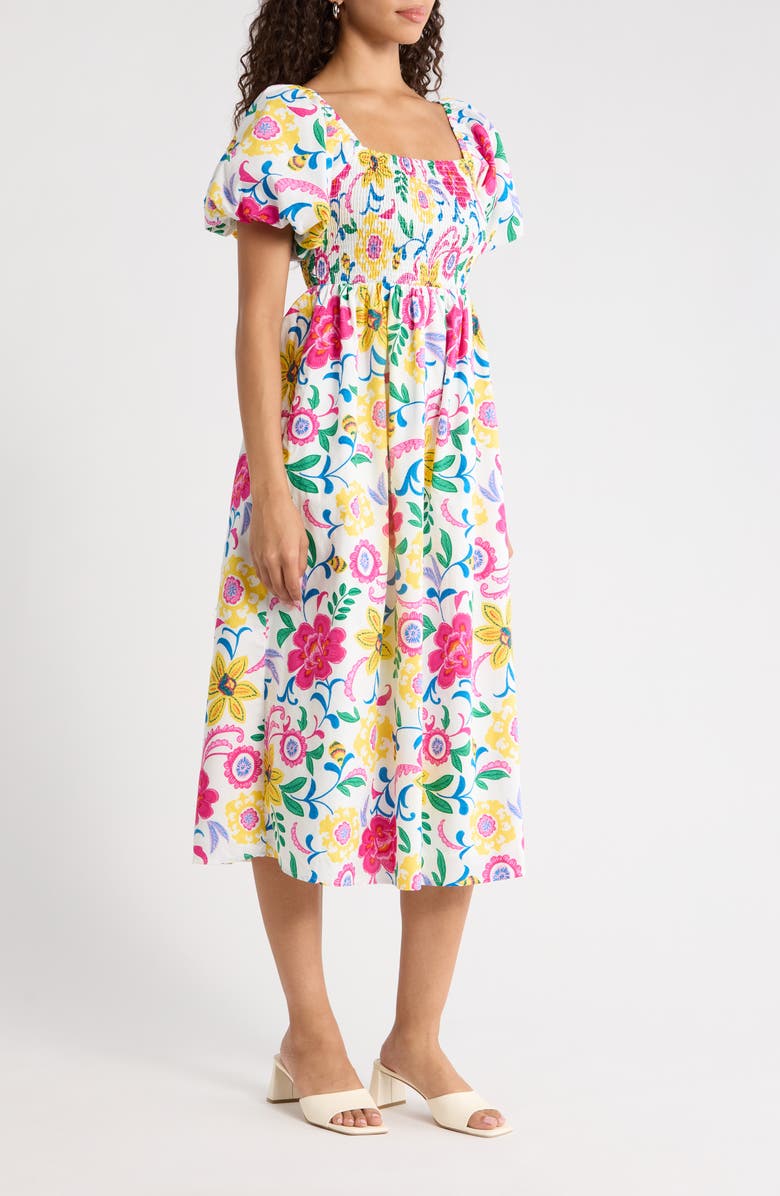 SUGARLIPS Kress Floral Maray Smocked Midi Dress, Alternate, color, White Multi