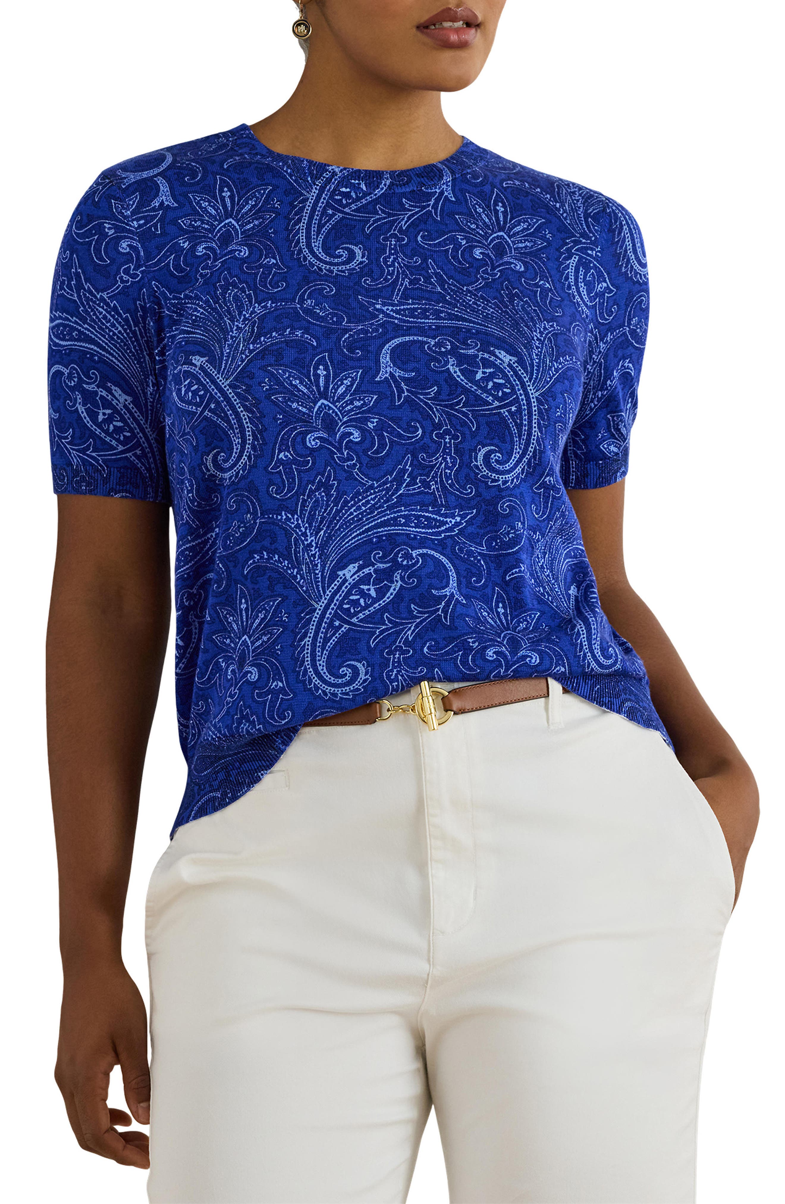 Lauren Ralph Lauren Paisley Cotton Blend Short Sleeve Sweater