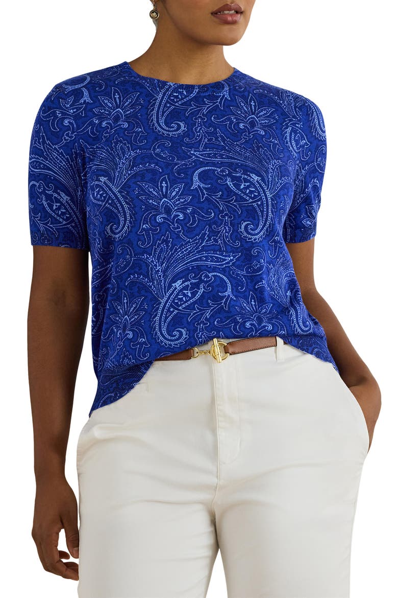 Paisley Cotton Blend Short Sleeve Sweater, Main, color, BLUE MULTI