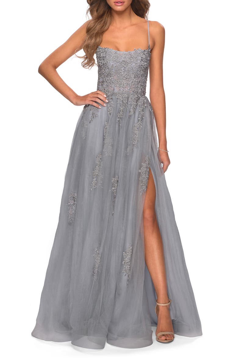 Floral Embroidered Tulle Gown, Main, color, SILVER
