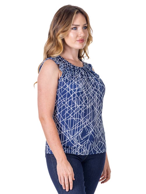 24seven Comfort Apparel Petites Navy Print Pleated Crew Neckline Back Closure Sleeveless Top In Blue