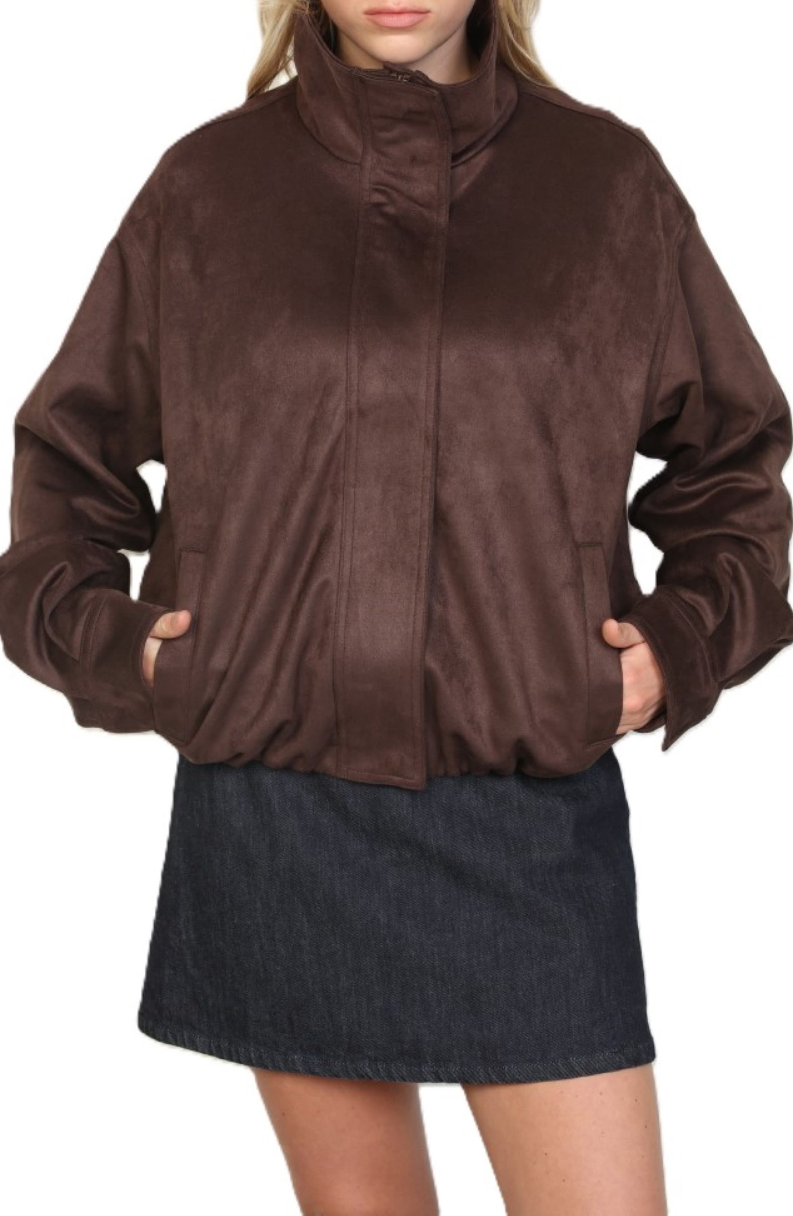 Brushed Faux Suede Funnel Neck Jacket