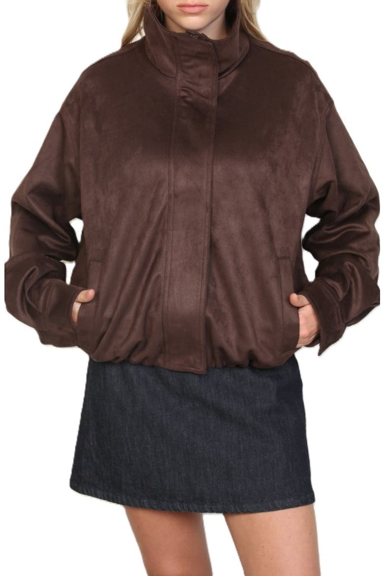 Brushed Faux Suede Funnel Neck Jacket, Main, color, HOT FUDGE