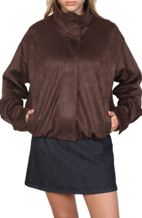 Brushed Faux Suede Funnel Neck Jacket
