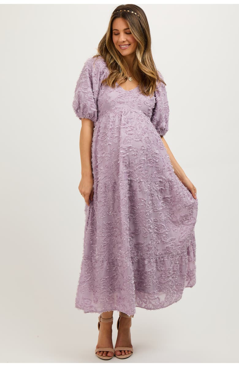 PinkBlush Fringe Textured Short Puff Sleeve Midi Dress, Alternate, color, Lavender