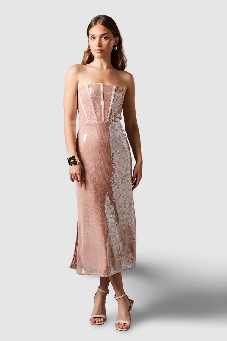 Bandeau Corset Sequin Midi Dress, Main, color, Mink