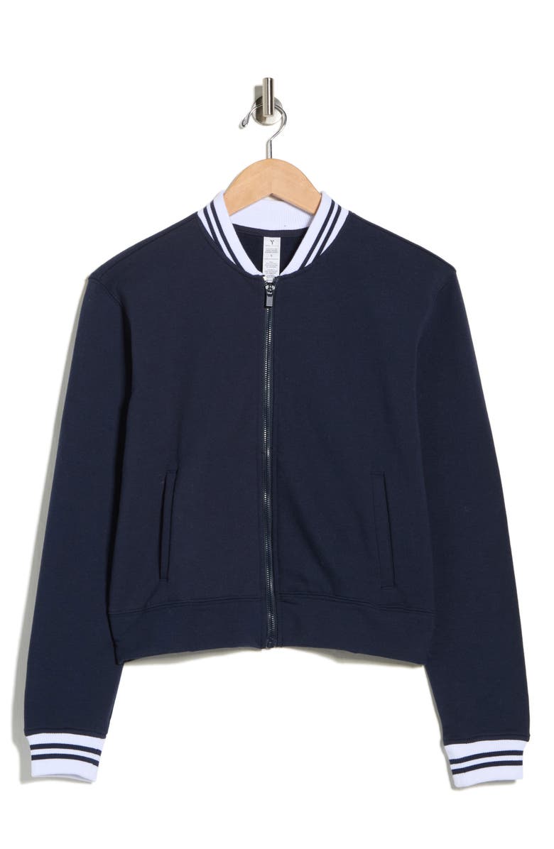 YOGALICIOUS Cloud Plush Prime League Bomber Jacket, Alternate, color, Deep Abyss/ White