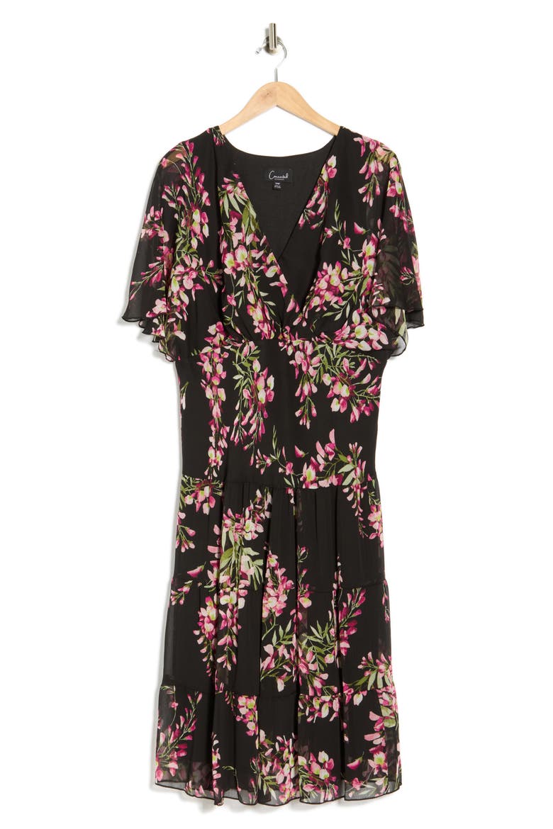 Floral Flutter Sleeve Dress, Alternate, color, BLACK