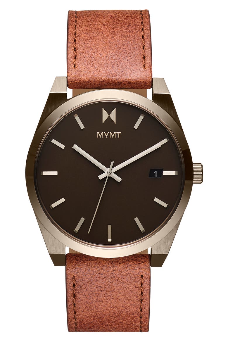 MVMT Element Leather Strap Watch, 43mm, Main, color, BROWN/ COFFEE/ BEIGE GOLD