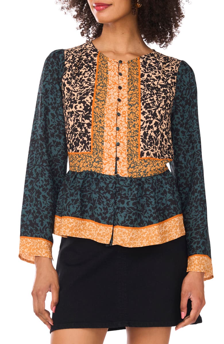 Vince Camuto Mixed Print Peplum Detail Button-Up Shirt, Main, color, Deep Forest