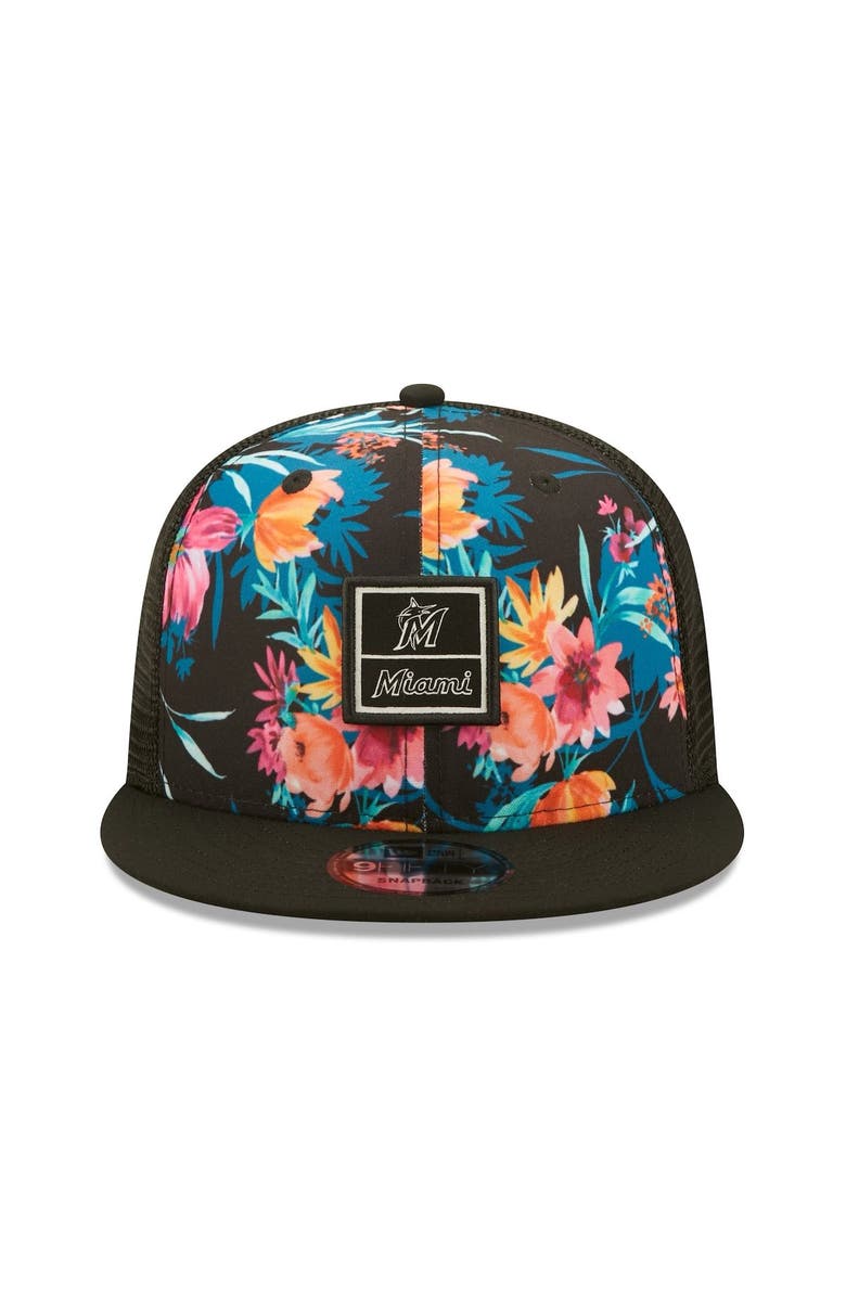 New Era Men's New Era Black Miami Marlins Tropic Trucker 9FIFTY Snapback Hat, Alternate, color, 