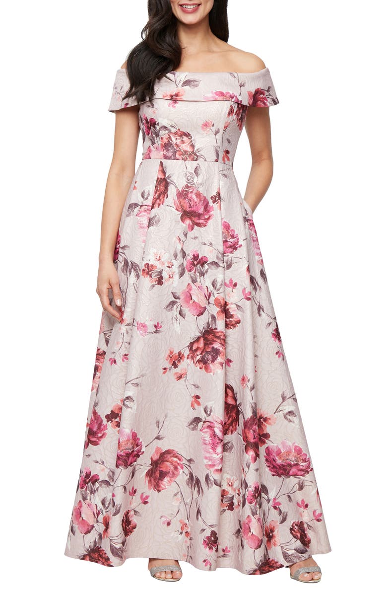 Alex Evenings Metallic Floral Jacquard Off the Shoulder Gown, Main, color,