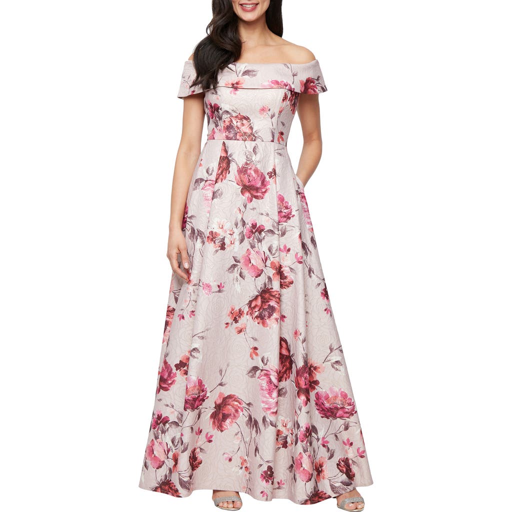 Alex Evenings Metallic Floral Jacquard Off The Shoulder Gown In Blush Multi