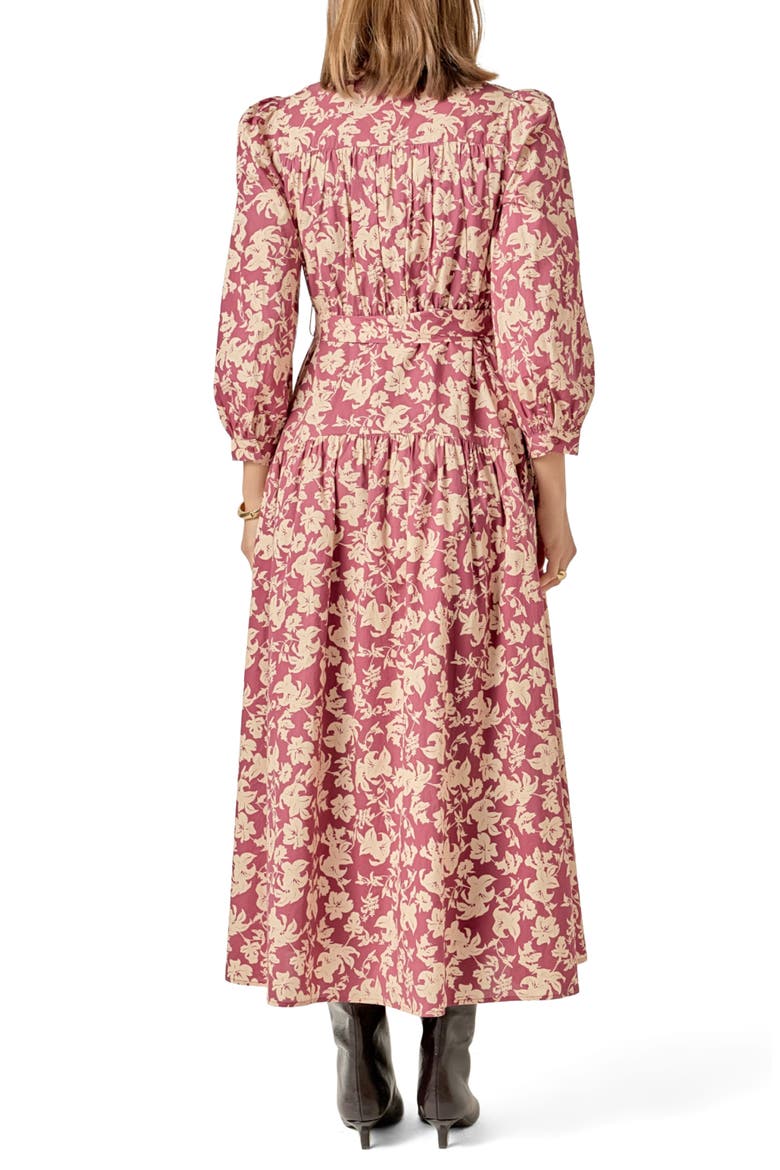 Belted Tiered Print Long Sleeve Cotton Midi Dress, Alternate, color, BURGUNDY/BEIGE