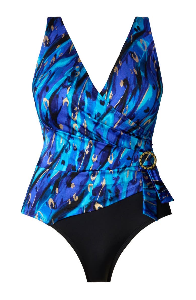 Longitude Buckle Shirred Surplice Long Torso One-Piece Swimsuit, Alternate, color, Gilded Panthera