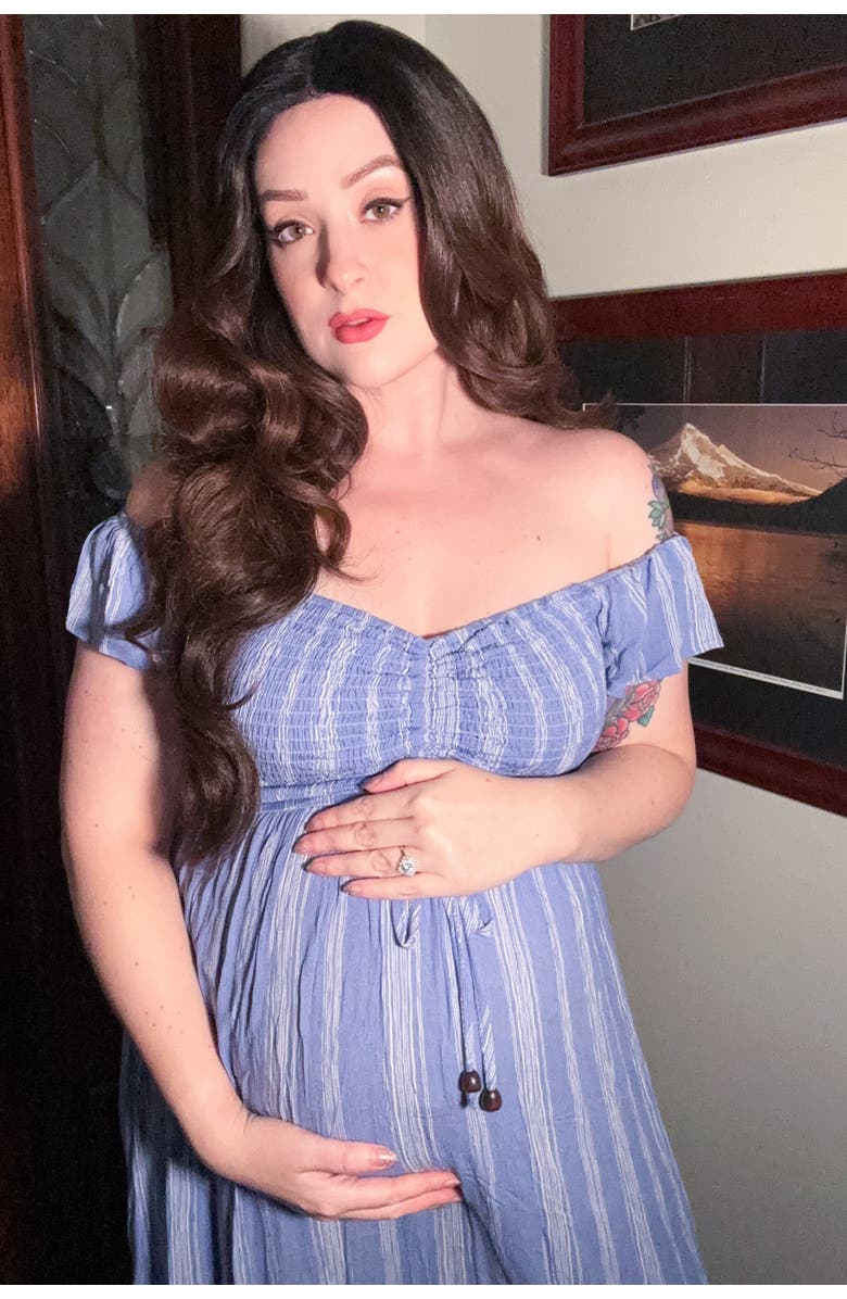 PinkBlush Striped Off Shoulder Front Tie Maxi Dress, Alternate, color, Blue