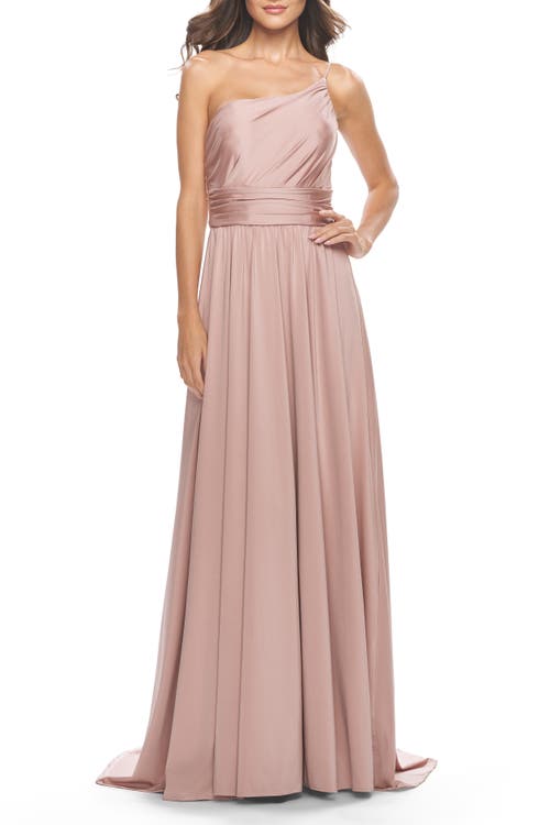 La Femme Chic One Shoulder Long Jersey Gown With Defined Waist
