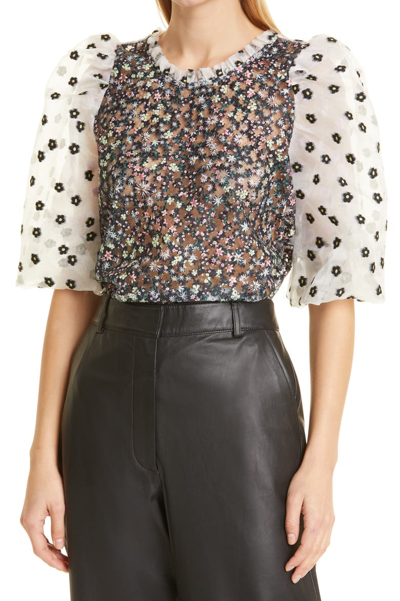 Cadi Floral Print Puff Sleeve Semisheer Top, Main, color, BLACK