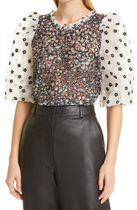 Cadi Floral Print Puff Sleeve Semisheer Top