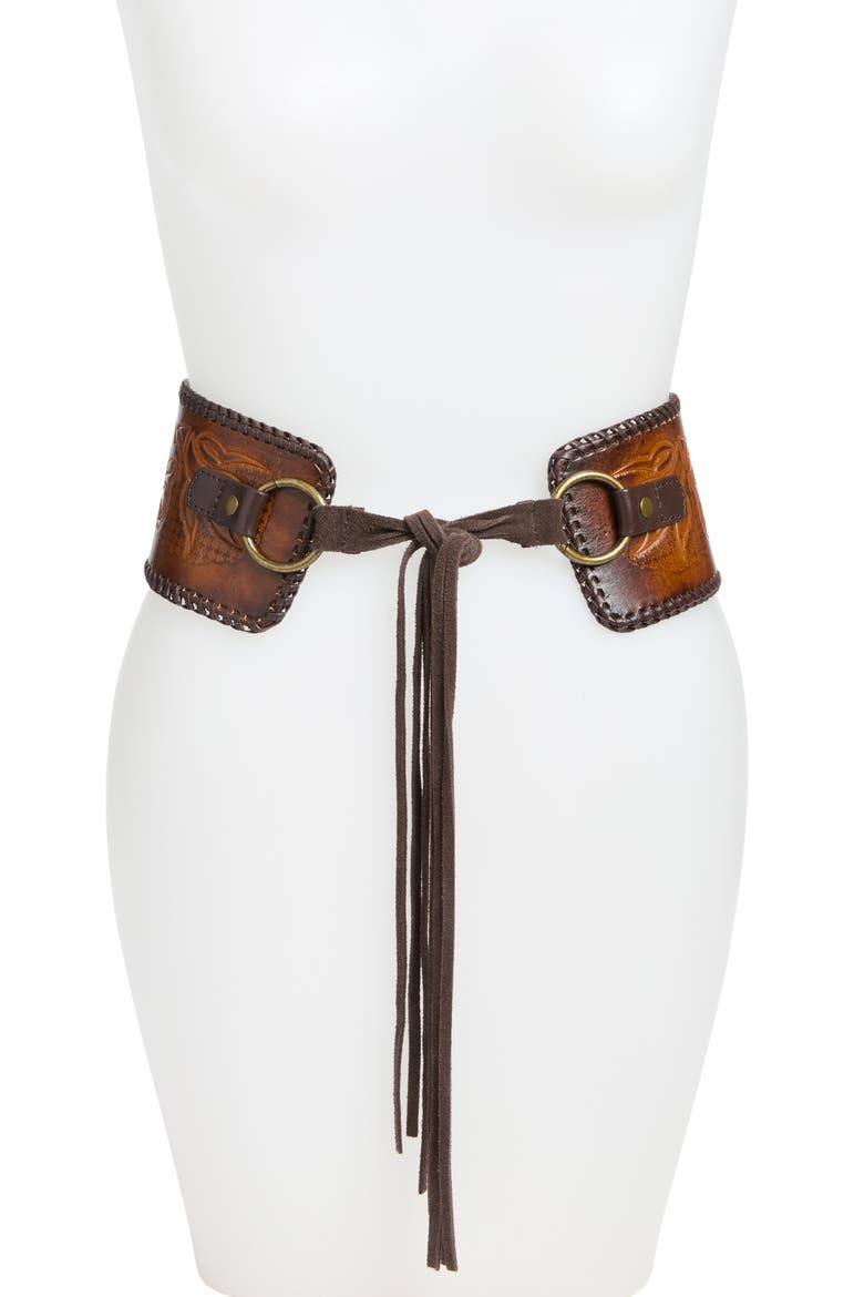 x Stetson The Tooled Corset Belt, Main, color, BURNISHED BROWN