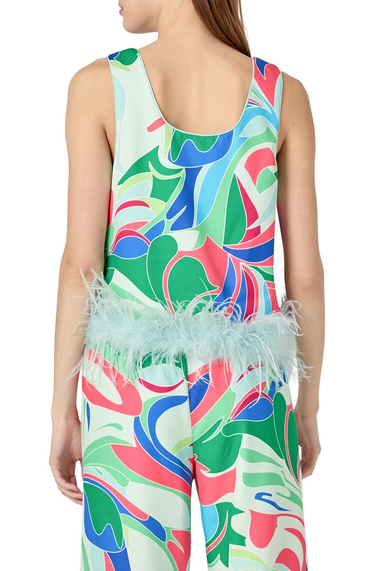 Abstract Print Feather Trim Sleeveless Top, Alternate, color, GREEN/ BLUE MULTI