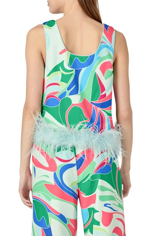 English Factory Abstract Print Feather Trim Sleeveless Top In Green/blue Multi