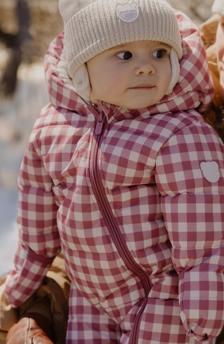 FIRSTS by Petit Lem Water Repellent Plum Gingham Hooded Snowsuit, Alternate, color, Plum