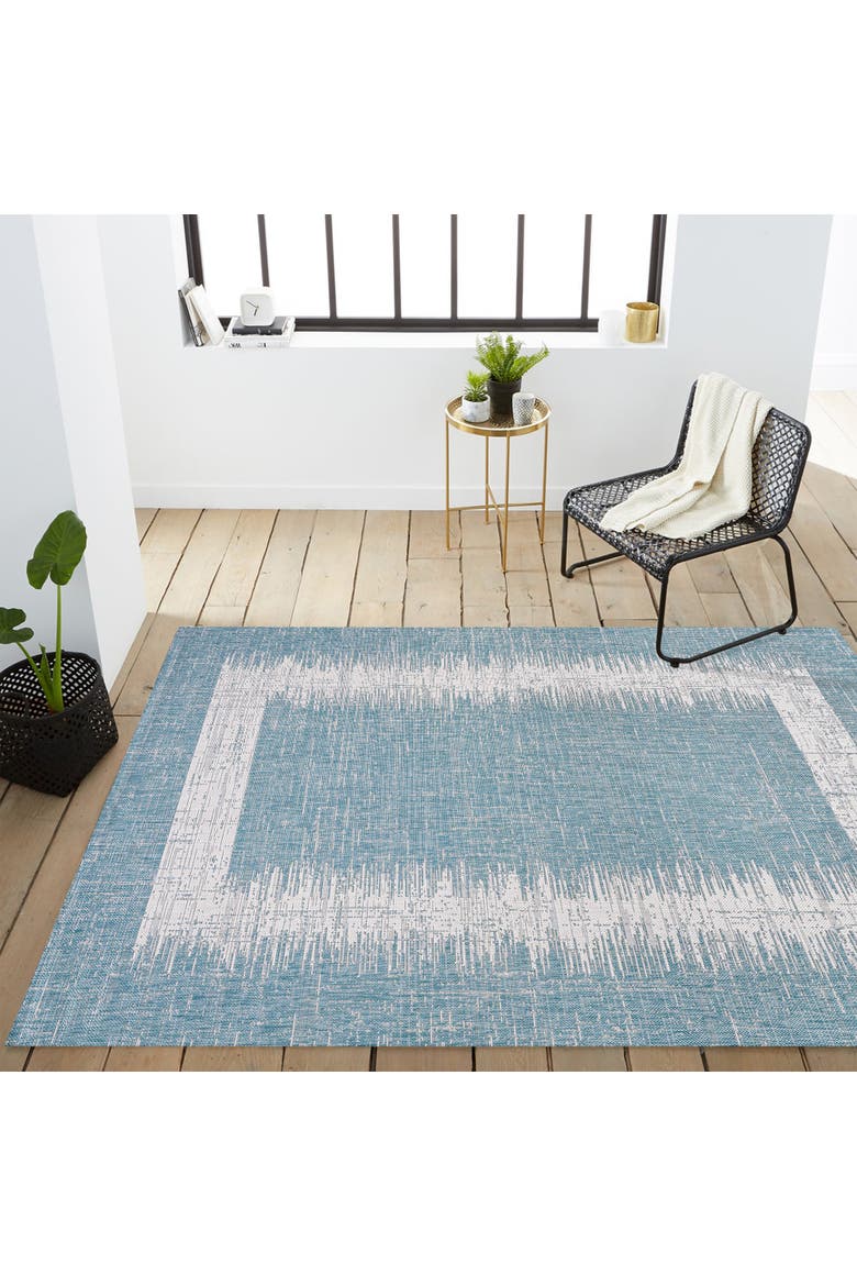 Scandi Minimalist Border Indoor/Outdoor Area Rug, Alternate, color, Aqua/Ivory