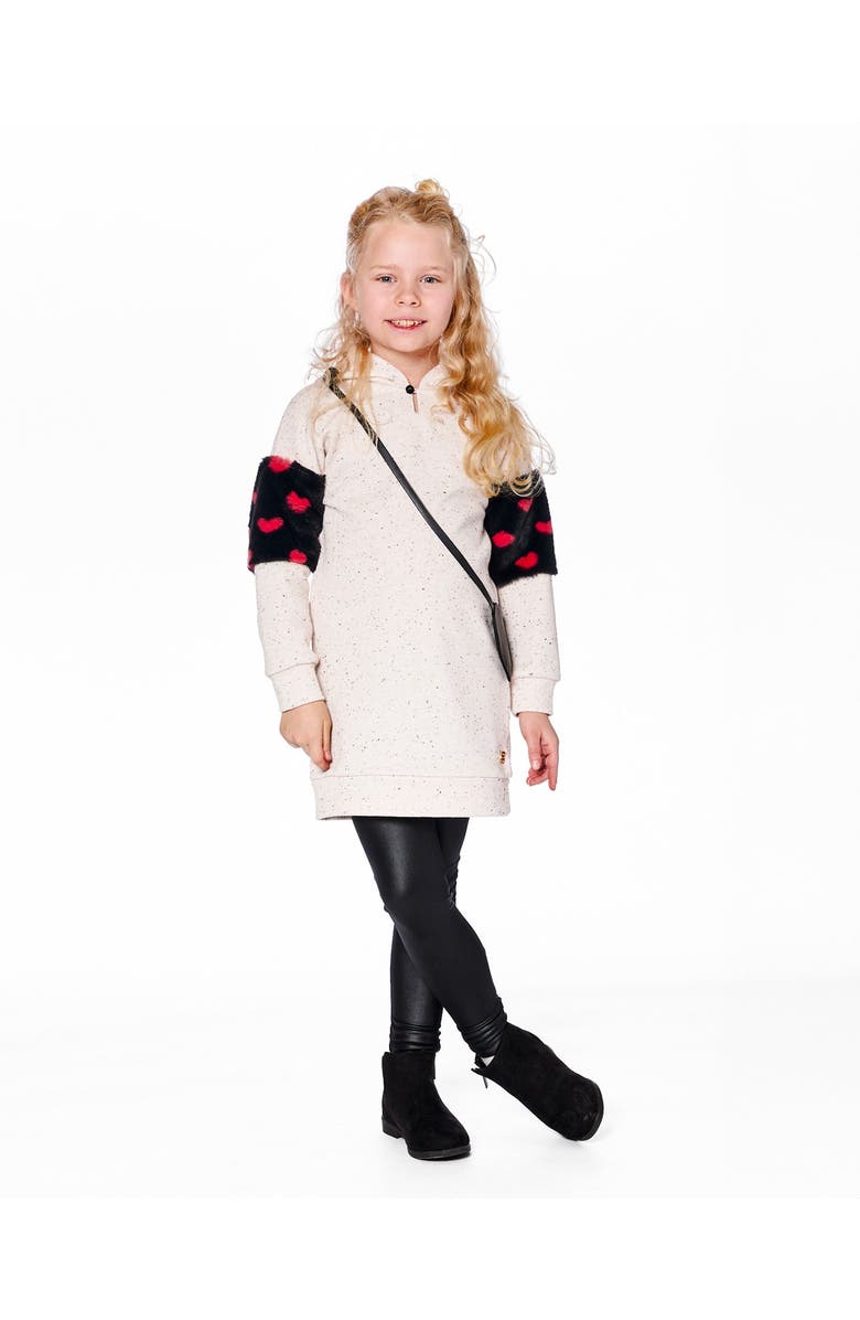 Deux par Deux Hooded Glittering French Terry Dress with Heart Bag, Main, color, Beige And Black