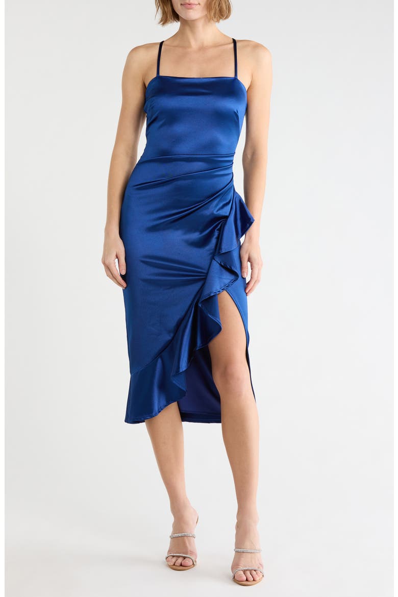 Square Neck Side Ruffle Satin Midi Dress, Main, color, MIDNIGHT