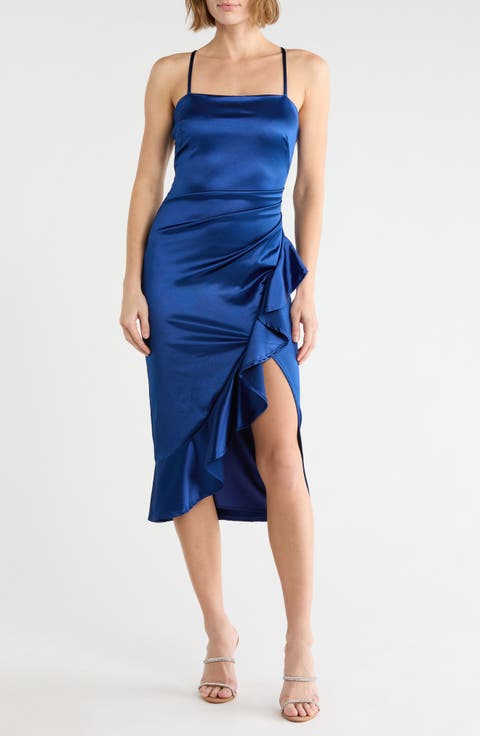 Square Neck Side Ruffle Satin Midi Dress