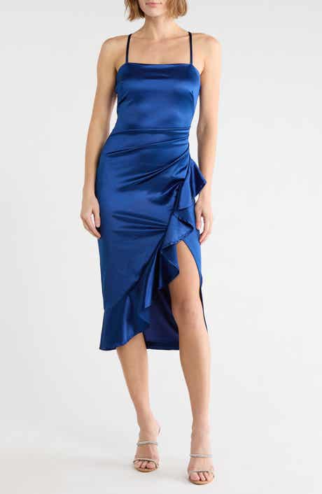 Square Neck Side Ruffle Satin Midi Dress