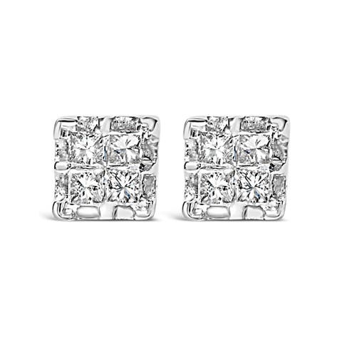 10k Yellow Gold Princess Diamond Quad Stud Earrings