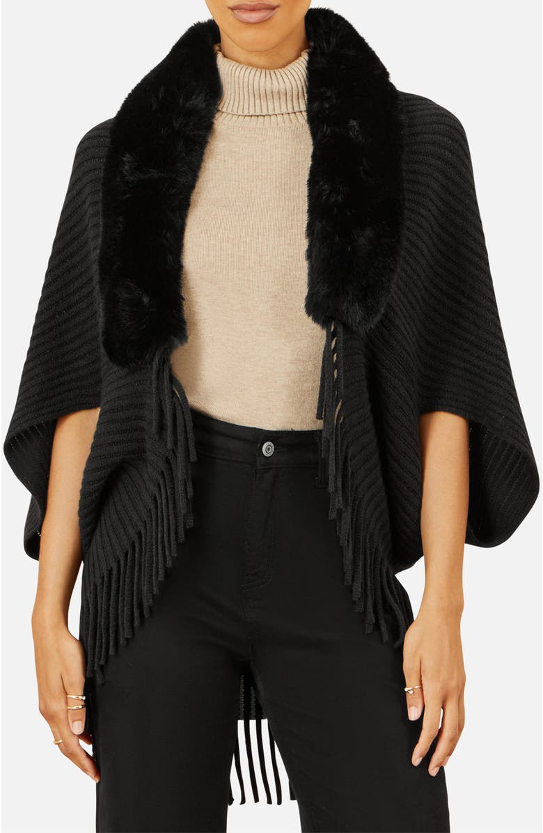 Yumi Fur Collar Shrug With Tassel Hem, Alternate, color, Black