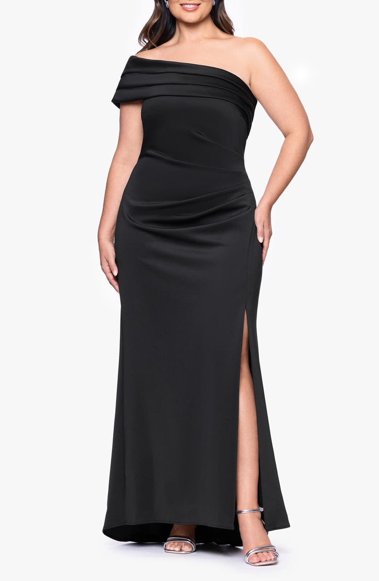 Xscape Evenings Pleated One-Shoulder Mermaid Gown, Main, color, Black