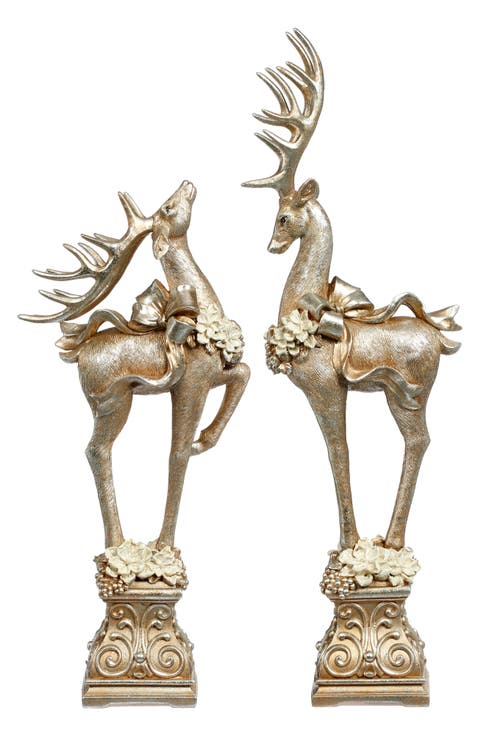 Ribboned Deer on Pedestal, Set of 2