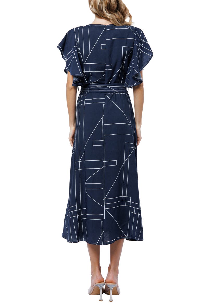 Anastasia Geo Print Flutter Sleeve Dress, Alternate, color, NAVY/ WHITE