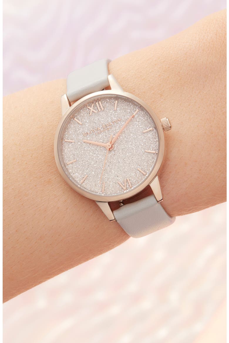 Glitter Dial Eco Faux Leather Strap Watch, 34mm, Alternate, color, BLUSH/ GLITTER/ ROSE GOLD