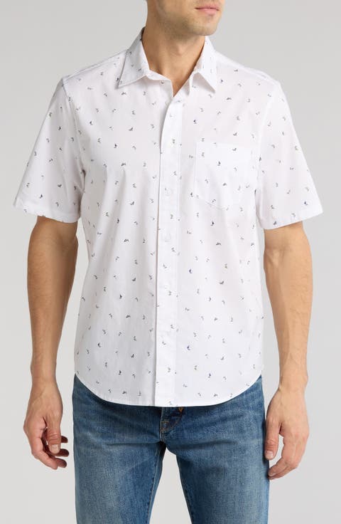 Sailboat Print Short Sleeve Cotton Stretch Poplin Button-Up Shirt