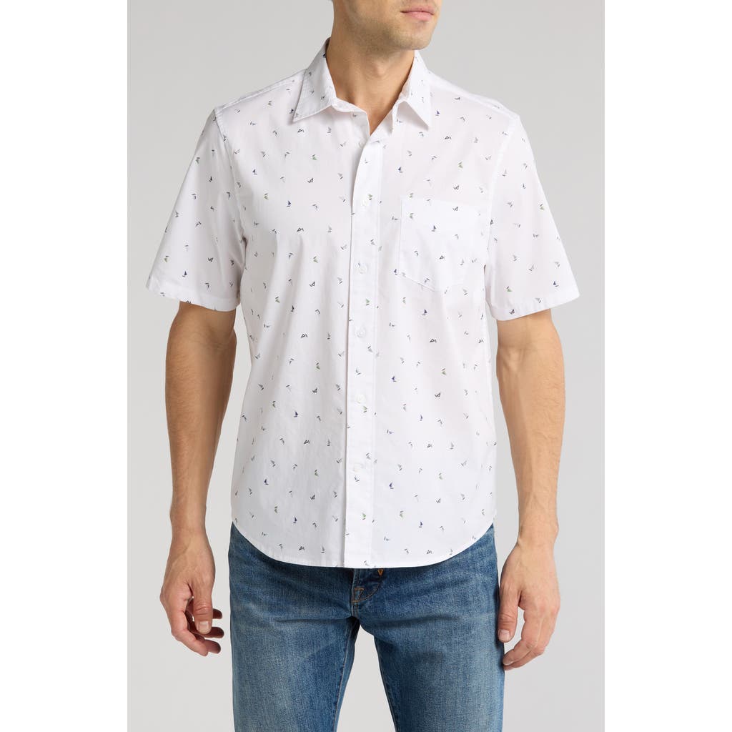 14th & Union Sailboat Print Short Sleeve Cotton Stretch Poplin Button-up Shirt In White Simple Sailboats
