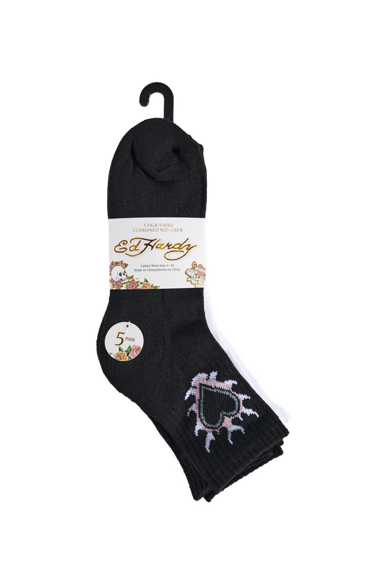 Ed Hardy Flower Print Half Cushion Mid Crew Sock 5-Pack, Alternate, color, Black White