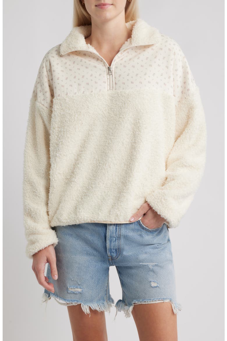 Vintage Flower Aria Mixed Media Quarter Zip Fleece Sweatshirt, Main, color, CREAM