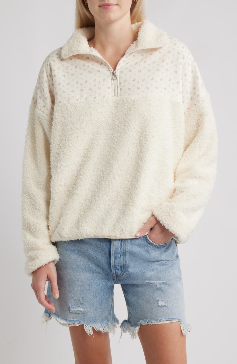 HAPPY CAMP3R Vintage Flower Aria Mixed Media Quarter Zip Fleece Sweatshirt, Main, color, Cream