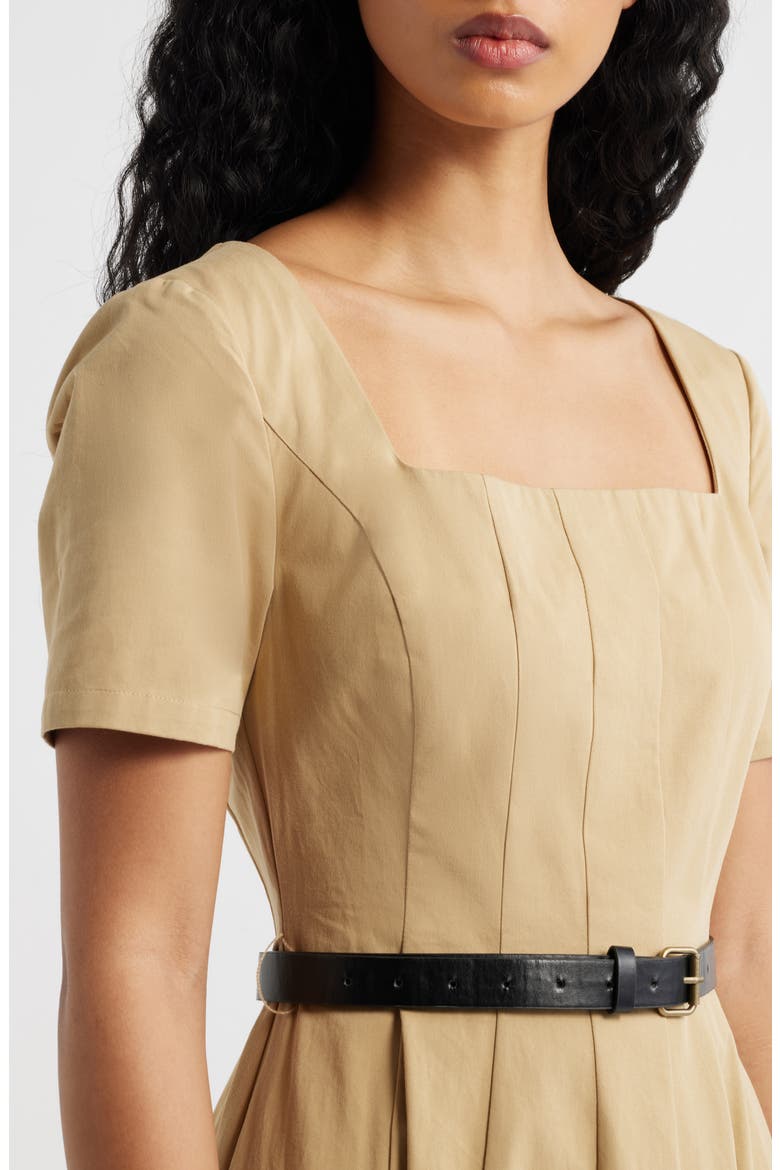Belted Pleated Cotton Midi Dress, Alternate, color, BEIGE